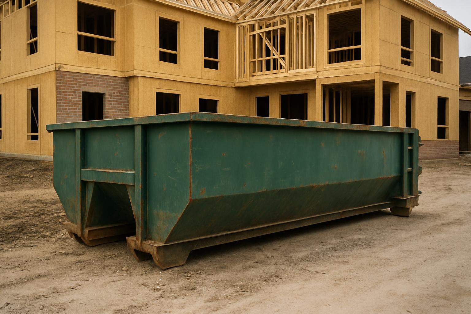 Here is the alt text title for this image: a large green dumpster sits in front of a partially constructed house